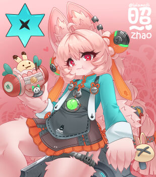 1girl absurdres ahoge animal_ear_fluff animal_ear_piercing animal_ears blush braid bright_pupils commentary_request furry furry_female hair_ornament highres lalamedli loli long_hair looking_at_viewer original pink_fur pink_hair rabbit_ears rabbit_girl red_eyes shirt short_eyebrows solo thick_eyebrows twin_braids white_pupils zenless_zone_zero zhao_(zenless_zone_zero)