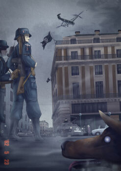 6+boys absurdres aircraft ammunition_pouch armored_car assault_rifle black_boots black_sun blonde_hair blue_eyes boots broken_sun_cross burgundy_(tno) city cold_war dated dog dq9yy20zq00fa3r flag gun gun_on_back hearts_of_iron helicopter highres holding_radio military_uniform military_vehicle motor_vehicle multiple_boys nazi pouch reichsadler rifle short_hair soldier solo_focus ss_charlemagne ss_insignia sun sun_cross swastika tank the_new_order:_last_days_of_europe waffen-ss weapon weapon_on_back