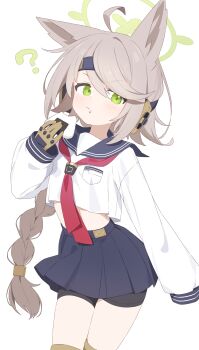 Rule 34 | 1girl, ?, absurdres, ahoge, animal ears, bike shorts, black gloves, blue archive, blue sailor collar, blue skirt, blush, braid, breast pocket, brown gloves, closed mouth, commentary request, cowboy shot, cropped shirt, food, food on face, fox ears, gloves, green eyes, green halo, grey hair, hair between eyes, halo, headband, headphones, highres, holding, holding food, implied extra ears, knee pads, long braid, long sleeves, looking at viewer, medium hair, midriff, miniskirt, multicolored gloves, neckerchief, onigiri, otogi (blue archive), pleated skirt, pocket, pout, red neckerchief, sailor collar, school uniform, serafuku, shirt, sidelocks, simple background, single braid, skirt, sleeves past fingers, sleeves past wrists, solo, standing, tactical clothes, urotsuki (ku9625), white background, white shirt