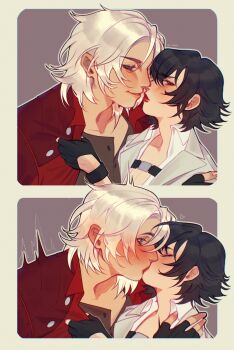 Rule 34 | 1boy, 1girl, absurdres, assertive female, black gloves, black hair, blue eyes, blush, border, breasts, chest strap, cleavage, closed eyes, clothes grab, collared shirt, couple, dante (devil may cry), devil may cry (series), devil may cry 5, esqurell, fingerless gloves, gloves, grey background, grey border, grey jacket, grey shirt, hair between eyes, hand on another's shoulder, hetero, highres, imminent kiss, jacket, kiss, lady (devil may cry), medium hair, parted bangs, red eyes, red jacket, red lips, shirt, short hair, sweat, upper body, white hair, white shirt