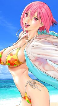 1girl :d beach bikini blush breasts cloud collarbone cowboy_shot flower_bikini from_side gigant_(series) hair_between_eyes highres hood hood_down hoodie large_breasts leaning_back lips looking_at_viewer mole mole_under_eye mole_under_mouth narrow_waist navel ocean official_art oku_hiroya open_clothes open_hoodie open_mouth outstretched_arms papico_(gigant) pink_eyes pink_hair pink_lips short_hair side-tie_bikini_bottom sky smile solo spread_arms standing swimsuit teeth two-tone_hoodie white_hoodie
