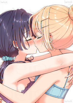 2girls absurdres betock blonde_hair blue_bra blue_hair blue_scrunchie bra breasts closed_eyes commentary_request hair_bun hair_ornament hair_scrunchie hairclip highres hug kiss large_breasts long_hair low_twintails multiple_girls original purple_bra scrunchie short_hair simple_background single_hair_bun twintails underwear upper_body white_background yuri