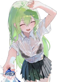 1girl absurdres arm_above_head arm_up black_bra black_skirt blush bra breasts closed_eyes collared_shirt commentary_request green_hair hair_between_eyes highres holding holding_hose hose korean_commentary large_breasts long_hair lower_teeth_only multicolored_hair nbee_ya open_mouth see-through_clothes see-through_shirt shirt short_sleeves simple_background skirt stellive teeth two-tone_hair underwear virtual_youtuber water wet wet_clothes wet_shirt white_background white_hair white_streaks yuzuha_riko