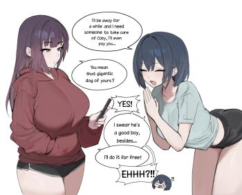 2girls begging bent_over black_hair black_shorts breasts brown_hair closed_eyes collarbone commentary english_commentary english_text green_shirt hair_between_eyes highres hood hood_down hoodie large_breasts long_hair medium_hair multiple_girls neoxius open_mouth original red_hoodie shirt short_shorts shorts speech_bubble standing t-shirt talking