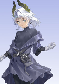 1girl absurdres arknights black_pantyhose black_shirt blue_eyes breasts chinese_commentary commentary_request covered_collarbone covered_erect_nipples cowboy_shot cross cross_earrings dress earrings gloves gradient_background grey_gloves hair_intakes highres hundun_hdun irene_(arknights) irene_(the_adjudicatrix_and_her_resolve)_(arknights) jewelry latin_cross looking_at_viewer medium_breasts medium_hair off_shoulder official_alternate_costume pantyhose parted_lips partial_commentary purple_background purple_dress purple_sailor_collar sailor_collar scar scar_across_eye scar_on_face shirt solo standing turtleneck turtleneck_shirt white_hair