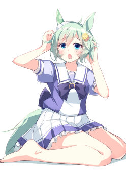 Rule 34 | 1girl, absurdres, animal ears, blue eyes, blush, bow, bowtie, breasts, collarbone, commentary request, ear covers, flower, grey hair, hair between eyes, hair flower, hair ornament, hairclip, highres, horse ears, horse girl, horse tail, kanzakietc, looking at viewer, open mouth, pleated skirt, puffy short sleeves, puffy sleeves, purple bow, purple bowtie, purple shirt, sailor collar, sailor shirt, school uniform, seiun sky (umamusume), shirt, short hair, short sleeves, simple background, single ear cover, sitting, skirt, solo, sunflower, sunflower hair ornament, tail, tracen school uniform, umamusume, wariza, white background, white sailor collar, white skirt