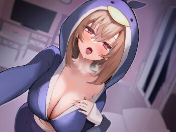 1girl absurdres animal_hood bed bedroom blue_pajamas blush breasts brown_hair chest_of_drawers cleavage collarbone curtains hair_between_eyes highres hood indoors large_breasts looking_at_viewer medium_hair navel niku_(hamuchang) no_bra open_clothes open_mouth open_shirt original pajamas penguin_hood pink_eyes selfie sidelocks solo standing steam sweat television window