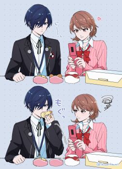 1boy 1girl black_jacket black_ribbon blue_eyes blue_hair bow bowtie box brown_eyes brown_hair cardigan cellphone choker closed_mouth collared_shirt commentary digital_media_player donut earphones_removed earrings eating flip_phone flipped_hair food gekkoukan_high_school_uniform hair_between_eyes heart heart_choker highres holding holding_donut holding_food holding_phone ikuya_kawaii jacket jewelry long_sleeves looking_at_another loose_bowtie motion_lines neck_ribbon open_clothes open_jacket pastry_box persona persona_3 phone pink_cardigan pink_nails red_bow red_bowtie ribbed_cardigan ribbon school_uniform shirt short_hair squiggle stud_earrings takeba_yukari taking_picture twitter_username upper_body white_choker white_shirt yuuki_makoto_(persona_3)