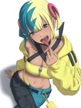 1girl bandeau bandeau_lift belt blue_eyes breasts canari_(pokemon) clothes_lift dark-skinned_female dark_skin highres jacket kaminari_doon large_breasts looking_at_viewer navel nintendo pants pokemon pokemon_legends:_z-a short_hair simple_background sitting stomach tongue tongue_out two-tone_pants white_background white_bandeau yellow_jacket yellow_mask