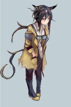 1girl animal_ears black_boots black_hair black_pants boots brown_eyes brown_hair closed_mouth coat collared_shirt ear_covers full_body goggles goggles_around_neck gradient_eyes hair_between_eyes hands_in_pockets horse_ears horse_girl horse_tail long_hair multicolored_eyes multicolored_hair pants ponytail purple_eyes shirt simple_background solo stay_gold_(umamusume) streaked_hair tail torn_clothes torn_coat umamusume white_hair white_shirt yanagi_wakana yellow_coat