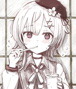1girl @_@ beret brushing_teeth cherry_blossoms choker commentary_request cup ebizou_(ebizou00) flower flying_sweatdrops hair_flower hair_ornament hat highres holding holding_cup looking_at_viewer mahou_shoujo_no_majo_saiban monochrome neck_ribbon pink_eyes ribbon sakuraba_ema short_hair solo upper_body x_hair_ornament