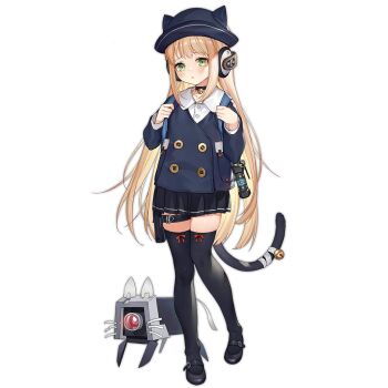 Rule 34 | 1girl, animal ear headwear, animal ears, b&amp;t mp9, backpack, bag, bandaged tail, behind-the-head headphones, bell, black choker, black hat, black shoes, black skirt, black tail, black thighhighs, blonde hair, blue bag, blue hat, blue jacket, blush, choker, dinergate (girls' frontline), explosive, fake animal ears, fake tail, fake whiskers, stun grenade, full body, girls' frontline, green eyes, grenade, gun, haijin, hand grenade, hat, headphones, holding strap, jacket, less-than-lethal weapon, long hair, long sleeves, looking at viewer, m84 stun grenade, mary janes, neck bell, non-humanoid robot, official art, parted lips, pleated skirt, pouch, ribbon legwear, robot, sangvis ferri, shirt, shoes, simple background, skirt, solo, standing, stun grenade, submachine gun, tail, tail bell, tail ornament, tape, thigh pouch, thigh strap, thighhighs, tmp (black cat nursery) (girls' frontline), tmp (girls' frontline), transparent background, weapon, white shirt