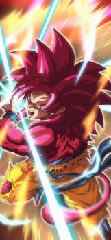 1boy absurdres battle_damage bingo_(dive0xo) body_fur dragon_ball dragon_ball_daima energy_ball highres long_hair male_focus monkey_tail orange_pants pants powering_up red_eyes red_fur red_hair red_tail solo son_goku spiked_hair super_saiyan super_saiyan_4 tail topless_male torn_clothes torn_pants