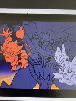 Rule 34 | armor, coronamon, crescent moon, darkknightmon, digimon, digimon (creature), fangs, highres, horns, lunamon, moon, tail