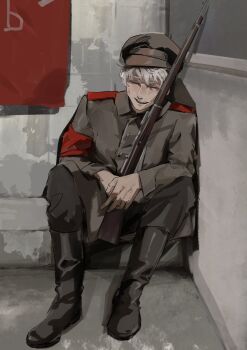 1boy a_abeaver axis_powers_hetalia black_boots black_jacket black_pants boots brown_hat buttons closed_eyes collared_jacket commentary english_commentary flag full_body gun hair_between_eyes hat highres holding holding_gun holding_weapon indoors jacket long_sleeves male_focus military military_hat military_jacket military_uniform open_mouth pants peaked_cap rifle russia_(hetalia) shadow short_hair sitting smile sniper_rifle solo teeth weapon white_hair window