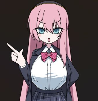 1girl arm_behind_back black_hairband black_jacket black_skirt blue_eyes blush_stickers bow breasts brown_background channel_(caststation)_(style) collared_shirt commentary_request hairband index_finger_raised jacket large_breasts looking_at_viewer megurine_luka nazunobasho open_clothes open_jacket open_mouth pink_hair plaid_clothes plaid_skirt pleated_skirt red_bow shirt simple_background skirt solo straight-on striped_bow upper_body vocaloid white_shirt