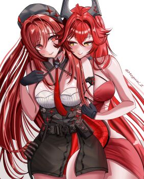 2girls bandolier bare_shoulders belt belt_buckle beret blush breasts buckle choker commentary detached_collar double-parted_bangs dress fingerless_gloves front_slit gloves goddess_of_victory:_nikke halterneck hand_up hat head_on_another's_shoulder highres horns jacket long_hair looking_at_another mogwai_z multiple_girls necktie official_alternate_costume pouch rapi_(nikke) rapi_(red_hood)_(nikke) red_dress red_eyes red_hair red_hood_(nikke) red_hood_(nonsense_red)_(nikke) simple_background skirt sleeveless sleeveless_dress smile spaghetti_strap star_(symbol) strap twitter_username very_long_hair white_background wing_collar yellow_eyes