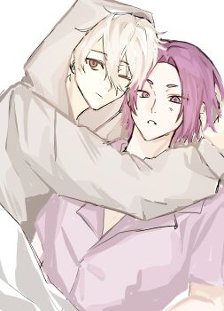 Rule 34 | 2boys, absurdres, blue lock, brown eyes, grey hoodie, hand in another's hair, hi ov, highres, hood, hood down, hoodie, long sleeves, mikage reo, multiple boys, nagi seishirou, one eye closed, purple eyes, purple hair, purple shirt, shirt, short hair, short sleeves, sitting, white background, white hair, yaoi