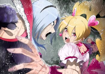 Rule 34 | 2girls, catfight, cure peach, eas (fresh precure!), fighting, higashi setsuna, highres, hshs-965, momozono love, multiple girls, rain, tears, wet