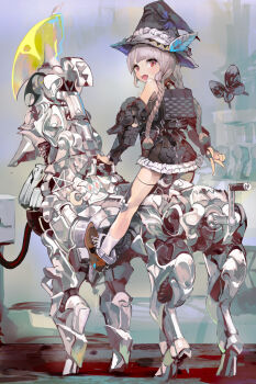 Rule 34 | 1girl, backpack, bad id, bag, braid, bug, butterfly, cable, charging, commentary request, crescent, dress, female focus, frilled skirt, frills, gradient background, hat, hat feather, hat ornament, heart, horns, insect, leaf, light purple hair, long hair, original, pentagram, riding, robot, see-through clothes, see-through dress, shoes, single horn, sitting, skirt, socks, solo, standing, twin braids, uturo, v, white socks, witch hat