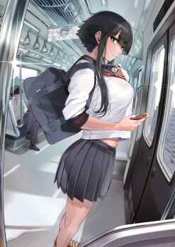 1boy 1girl absurdres black_bag black_hair black_skirt breasts brown_eyes brown_footwear cellphone commentary_request highres holding holding_phone jovejun large_breasts long_hair navel original parted_lips phone pleated_skirt sidelocks sitting skirt smartphone solo_focus standing thick_eyebrows thighs train train_interior tsubomioka_happa