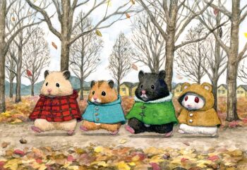 animal animal_focus autumn autumn_leaves blue_capelet brown_capelet building capelet commentary_request gotte green_capelet hamster highres hood hood_up hooded_capelet house leaf no_humans original overcast red_capelet sky tree