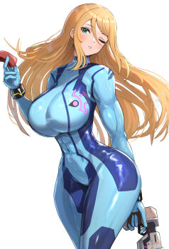 Rule 34 | 1girl, absurdres, blonde hair, gonzarez, highres, metroid, nintendo, paralyzer, samus aran, simple background, solo, super smash bros., white background, zero suit