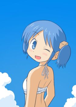 1girl bikini blue_eyes blue_hair blue_sky cube_hair_ornament frilled_bikini frills hair_ornament hashtag-only_commentary highres looking_at_viewer morinaka_hajime naganohara_mio nichijou one_eye_closed open_mouth sky swimsuit twintails