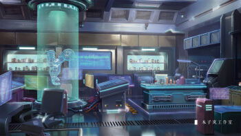 bottle chair chinese_commentary chinese_text commentary_request desk floor highres holographic_interface laboratory lamp machine moonslanstudio no_humans original potion reflective_floor scenery science_fiction