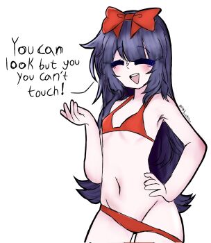 1girl bikini black_souls black_souls_2 blue_hair bow closed_eyes corrupted_twitter_file english_text hair_bow hand_on_own_hip hand_up loli long_hair mabel_(black_souls) navel open_mouth pipo_(pipochipzz) red_bikini red_bow sexually_suggestive signature simple_background solo speech_bubble swimsuit teeth twitter_username upper_teeth_only white_background