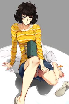 10s 1girl :< arm_support binder black_hair blush collarbone covered_erect_nipples denim denim_skirt feet feguimel female_focus kawakami_sadayo looking_at_viewer messy messy_hair panties pantyshot paper persona persona_5 shadow shirt shoes sitting skirt skirt_tug solo striped_clothes striped_shirt sweatdrop toes underwear unworn_shoe unworn_shoes white_panties