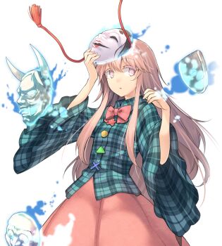 1girl artist_request bow bowtie collared_shirt game_cg hata_no_kokoro ko-omote_mask labyrinth_of_touhou_(series) labyrinth_of_touhou_2 long_hair long_sleeves mask mask_on_head official_art oni_mask open_mouth pink_bow pink_bowtie pink_eyes pink_hair pink_skirt plaid_clothes plaid_shirt shirt skirt solo third-party_source touhou transparent_background very_long_hair wide_sleeves