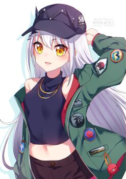 1girl absurdres baseball_cap black_hat black_shirt black_shorts blush breasts fate/grand_order fate_(series) forked_eyebrows green_jacket hat highres jacket jewelry long_hair long_sleeves looking_at_viewer melusine_(fate) melusine_(over_the_same_sky)_(fate) midriff myarikuru navel necklace open_mouth pantyhose pink_pantyhose shirt shorts sidelocks sleeveless sleeveless_shirt small_breasts smile solo white_hair yellow_eyes