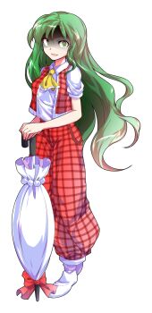 1girl alphes_(style) ascot breasts closed_umbrella collared_shirt commentary_request dairi full_body glaring gloom_(expression) green_eyes green_hair highres holding holding_umbrella kazami_yuuka kazami_yuuka_(pc-98) large_variant_set long_hair looking_at_viewer open_clothes open_mouth open_vest pants parody plaid_clothes plaid_pants plaid_vest planted planted_umbrella puffy_short_sleeves puffy_sleeves red_pants red_vest shirt short_sleeves simple_background socks solo standing style_parody tachi-e touhou touhou_(pc-98) transparent_background umbrella variant_set very_long_hair vest white_shirt white_socks yellow_ascot