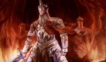 5boys absurdres armor breastplate burnt_ivory_king cowboy_shot dark_souls_(series) dark_souls_ii embers faulds fire gauntlets highres holding holding_sword holding_weapon loyce_knight male_focus mask masked multiple_boys pauldrons shoulder_armor solo_focus sword temmaru1 weapon