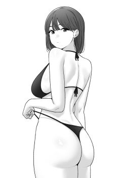 1girl absurdres ass bikini breasts commentary_request greyscale highres looking_at_viewer looking_back medium_breasts medium_hair monochrome original simple_background solo standing strap_pull swimsuit tantanmen72 white_background