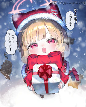 ! 1girl amanatsu_uni blonde_hair blue_archive blush buttons christmas gift gift_wrapping halo hat highres holding holding_gift knit_hat light_blush long_sleeves merry_christmas momoi_(blue_archive) nexon nose_blush open_mouth pink_halo red_eyes red_ribbon ribbon santa_hat short_hair signature small_hands snot snot_trail snow snowing sound_effects tail tail_ornament tail_ribbon twitter_username winter winter_clothes wrapping wrapping_paper