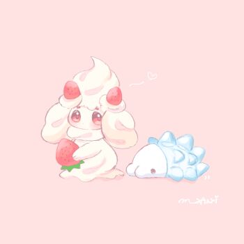 absurdres alcremie alcremie_(strawberry_sweet) blush commentary_request food fruit gen_8_pokemon heart highres maaari_pkmn nintendo no_humans pink_background pink_eyes pokemon pokemon_(creature) simple_background snom strawberry