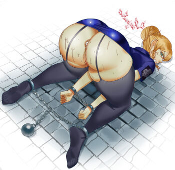 1girl angry ass ass_focus bdsm black_clover blonde_hair bondage bottomless bound chain chained charlotte_roselei cuffs cum cum_in_ass female_focus hair_bun handcuffed handcuffs highres huge_ass imminent_penetration imminent_rape looking_at_viewer outdoors police police_uniform policewoman scharlottelambo sweat sweatdrop thick_thighs thighhighs thighs top-down_bottom-up uncensored vaginal