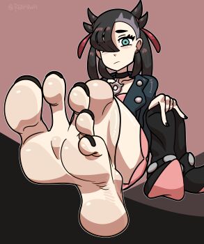 1girl absurdres ankle_boots aqua_eyes asymmetrical_bangs black_choker black_hair black_nails black_toenails boots choker collarbone expressionless eyelashes feet female_focus fingernails flat_chest foot_focus full_body hair_ornament hair_over_one_eye highres jacket leather leather_jacket long_hair long_sleeves looking_at_viewer marnie_(pokemon) nail_polish nintendo no_socks pale_skin pendant_choker pokemon pokemon_swsh presenting_foot punk reathroch soles toenail_polish toenails toes twintails undercut unworn_boots