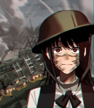 Rule 34 | 6+girls, battle, black hair, chainsaw man, chromatic aberration, closed mouth, cloud, cloudy sky, collared shirt, combat helmet, commentary, cross scar, dark skin, day, dirty, dirty face, east-west crossover, english commentary, explosion, expressionless, eyebrows, facial scar, female focus, fine art parody, fourth east high school uniform, helmet, highres, jitome, ladder, long hair, looking at viewer, military, military uniform, multiple girls, mykokampfwagen, o o, outdoors, parody, people, ptsd, red eyes, scar, scar on cheek, scar on face, scar on nose, school uniform, shell, shirt, sky, smoke, soldier, solo focus, the two-thousand yard stare, thousand yard stare, white shirt, wide-eyed, world war i, world war ii, yoru (chainsaw man)