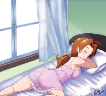 1girl ass bed bedroom brown_hair delia_ketchum eokumurae lying mario_(series) nintendo on_stomach pillow ponytail sleeping window