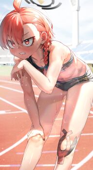 1girl absurdres ahoge alternate_costume asymmetrical_bangs bent_over black_buruma black_sports_bra blue_archive braid breasts buruma cleavage clenched_teeth collarbone commentary feet_out_of_frame fingernails halo hand_on_own_knee highres leaning_forward looking_ahead mole mole_under_eye nail_polish navel neru_(blue_archive) orange_hair outdoors running_track short_hair single_braid solo sports_bra sweat teeth walking_nakta