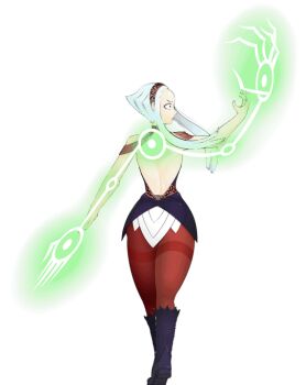 1girl animated animated_gif ass ass_expansion backboob backless_outfit bare_arms be_witches boots breast_expansion breasts female_focus from_behind full_body huge_ass huge_breasts nosebecc official_art rose_(be_witches) short_hair solo thick_thighs thighs white_hair