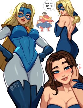 1girl 2boys artist_name blonde_blazer blonde_hair blue_eyes blue_gloves blush blushyspicy broly_culo_(meme) commentary dispatch elbow_gloves english_commentary eye_mask gloves hands_on_own_hips heart highres long_hair looking_at_viewer mandy_(dispatch) mask meme multiple_boys multiple_views phenomaman_(dispatch) robert_robertson simple_background smile superhero_costume white_background