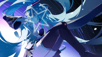 1girl absurdly_long_hair absurdres ahoge aqua_eyes aqua_hair aqua_necktie black_boots black_skirt black_sleeves blue_star_(vocaloid) boots closed_mouth collared_shirt commentary detached_sleeves double_v english_commentary grey_shirt hair_between_eyes hair_ornament hatsune_miku headphones highres jiu_ye_sang knees_up long_hair looking_at_viewer miniskirt necktie pleated_skirt shirt skirt sleeveless sleeveless_shirt smile solo star_(symbol) star_in_eye star_trail symbol_in_eye thigh_boots twintails v very_long_hair vocaloid
