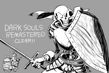 3boys armor commentary dark_souls_(series) grey_background greyscale halo holding holding_shield holding_sword holding_weapon kamezaemon monochrome multiple_boys one_eye_closed papyrus_(undertale) scarf shield siegmeyer_of_catarina simple_background skeleton smile solaire_of_astora sword undertale utdr_(toby_fox) weapon