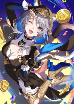 1girl animal_ear_fluff animal_ears black_bodysuit black_choker black_gloves blue_background blue_eyes bodysuit boots bow breasts cat_choker cat_ears cat_girl cat_tail choker cipher_(honkai:_star_rail) clenched_hands coin crescent crystal earrings fang fingerless_gloves fingernails frills gloves gold_boots gold_coin grey_hair hair_between_eyes hair_bow hands_up high_heel_boots high_heels highres honkai:_star_rail honkai_(series) hood hooded_bodysuit jewelry legs_up long_fingernails looking_at_viewer medium_breasts miz_(mi) mole nail_polish one_eye_closed open_mouth shadow single_earring single_sidelock skin_fang smile solo sparkle tail watermark white_bow yellow_nails
