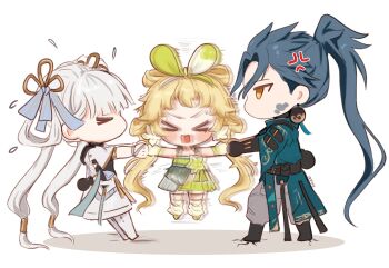 &gt;_&lt; 1boy 2girls anger_vein blue_bow blurry bow chibi chibi_only closed_eyes coat commentary_request dress flying_sweatdrops green_dress green_hair green_kimono grey_pants hair_bow highres human_tug_of_war japanese_clothes jhenny345 jinhsi_(wuthering_waves) jiyan_(wuthering_waves) kimono long_hair multiple_girls no_mouth open_mouth pangu_terminal_(wuthering_waves) pants ponytail spanish_commentary twintails verina_(wuthering_waves) white_coat white_hair wuthering_waves yellow_eyes