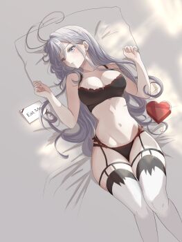 1girl 86_-eightysix- ahoge antenna_hair arms_at_sides bare_shoulders bed bed_sheet bedroom belly belt box bra breasts cleavage collarbone eat_me english_text female_focus garter_belt garter_straps gift heart-shaped_box highres indoors lace lace-trimmed_bra lace-trimmed_panties lace_trim large_breasts light_blush long_hair looking_ahead looking_to_the_side lying messy_hair narrow_waist navel note on_back panties parted_lips perky_breasts pillow presenting puchipuchi_(puchii_3011) sidelocks skin_tight solo stomach sunlight thick_thighs thigh_strap thighhighs thighs underwear valentine very_long_hair vladilena_millize white_belt white_eyes white_hair white_thighhighs